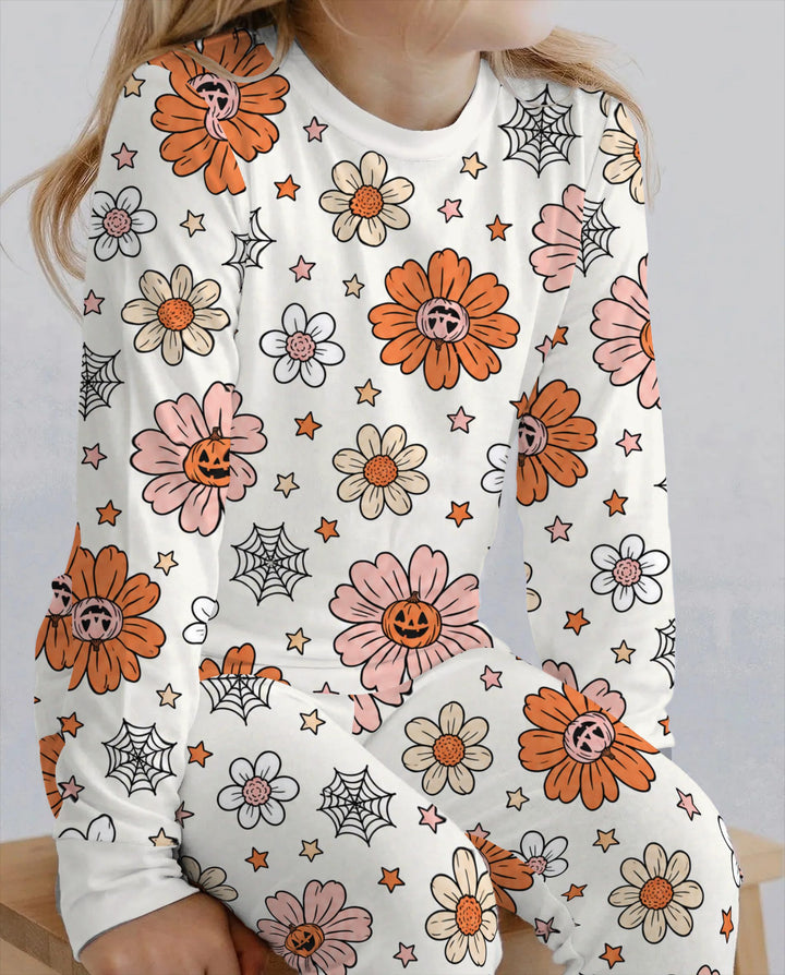 Pumpkin Daisy Halloween Garden Bamboo Two Piece Long Sleeve Pajama Set