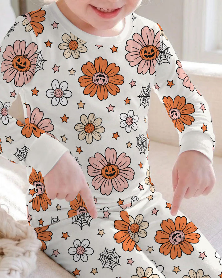Pumpkin Daisy Halloween Garden Bamboo Two Piece Long Sleeve Pajama Set