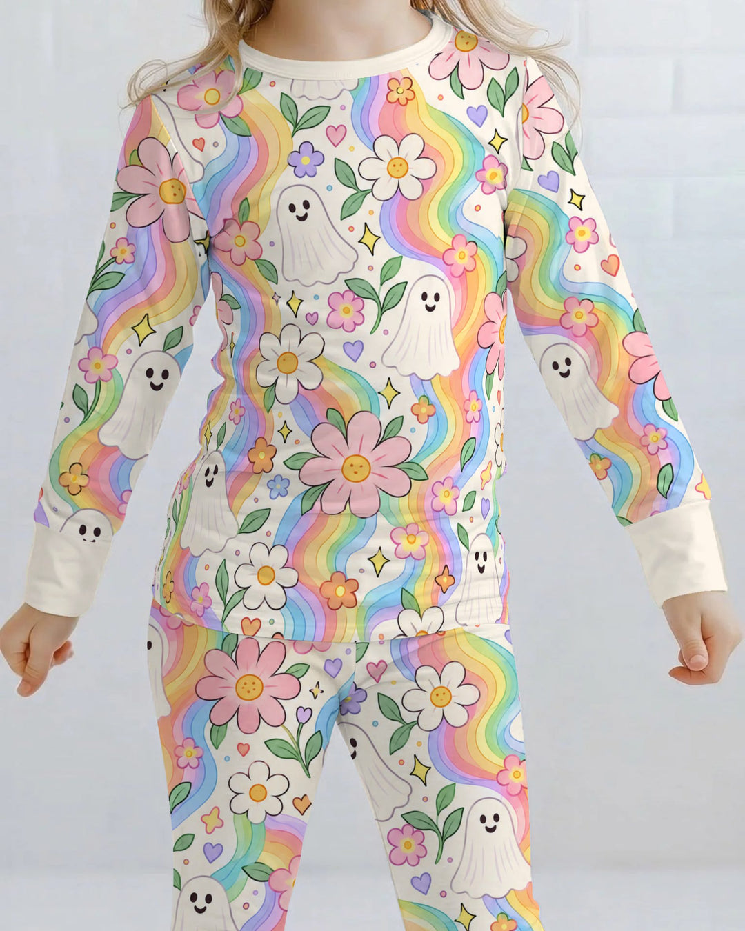 Pastel Rainbow Ghost Garden Bamboo Two Piece Long Sleeve Pajama Set