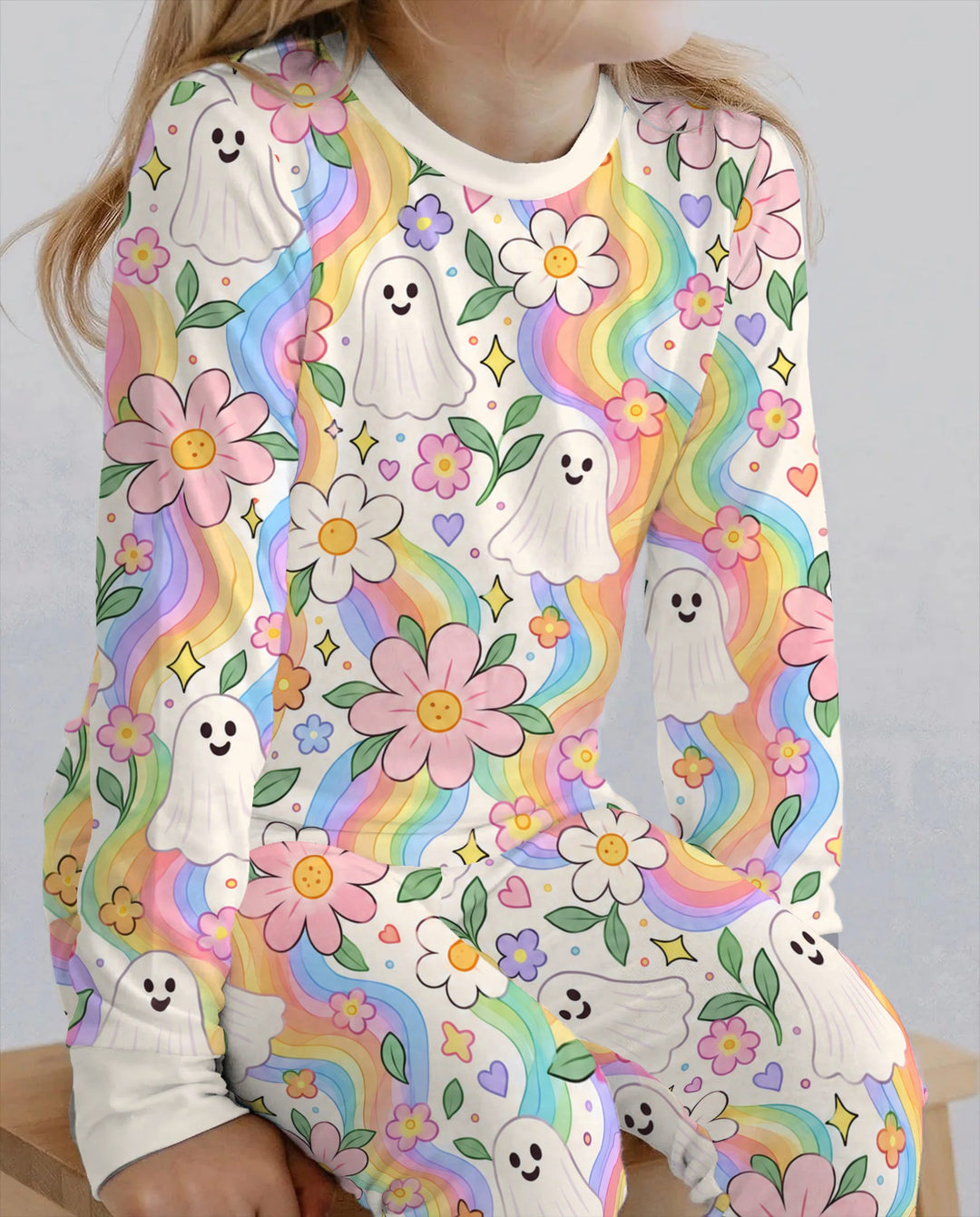 Pastel Rainbow Ghost Garden Bamboo Two Piece Long Sleeve Pajama Set