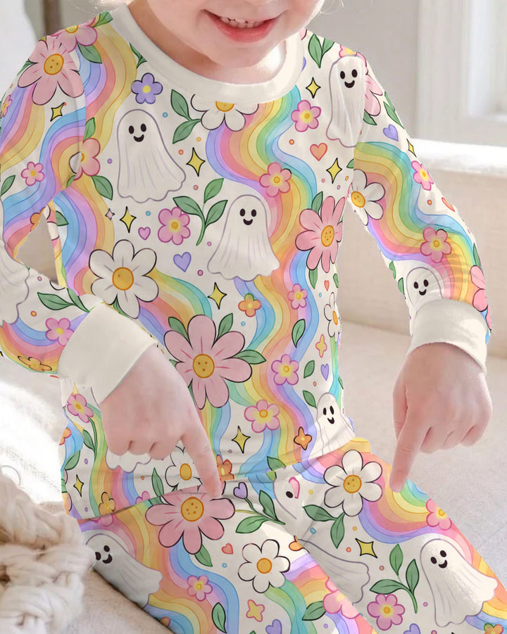 Pastel Rainbow Ghost Garden Bamboo Two Piece Long Sleeve Pajama Set