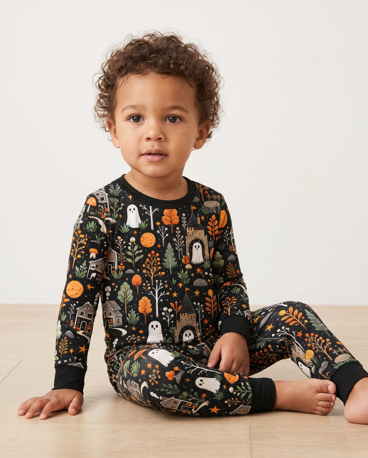 Haunted Autumn Village Bamboo Two Piece Long Sleeve Pajama Set