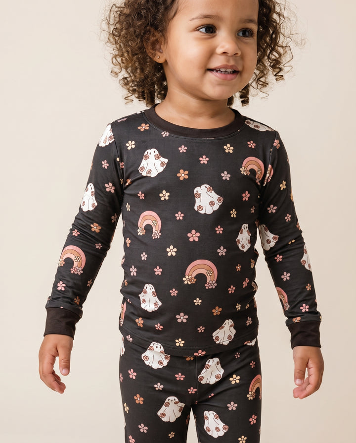 Boho Floral Ghosts & Rainbows Bamboo Two Piece Long Sleeve Pajama Set