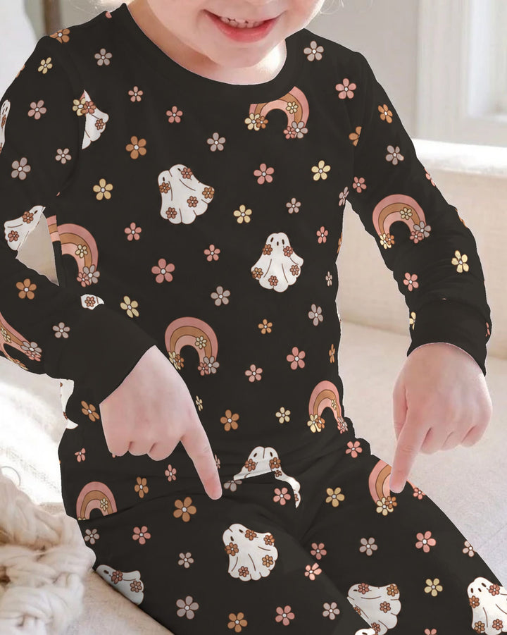Boho Floral Ghosts & Rainbows Bamboo Two Piece Long Sleeve Pajama Set