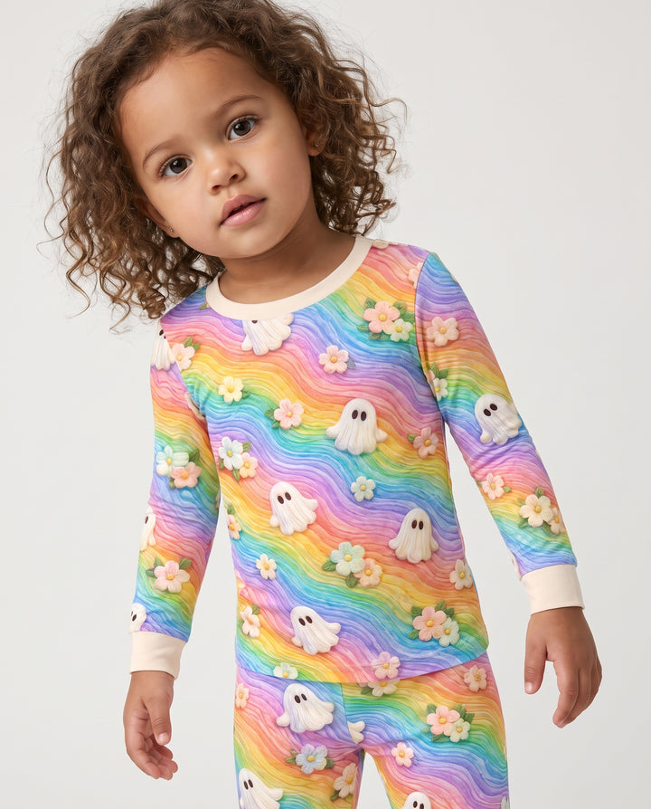 Cozy Rainbow Ghost Garden Bamboo Two Piece Long Sleeve Pajama Set