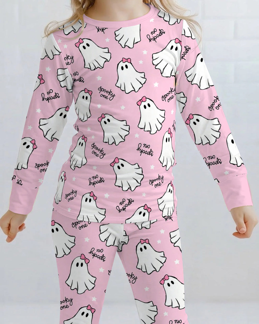 Pink Bow Spooky Ghosts Bamboo Two Piece Long Sleeve Pajama Set