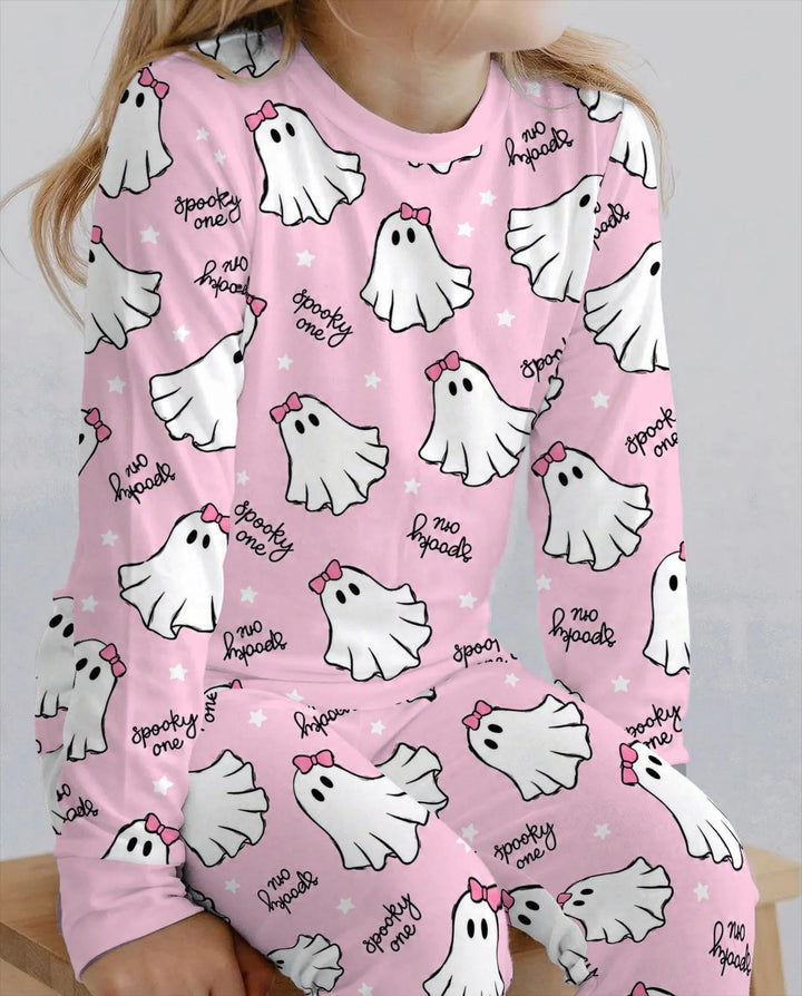 Pink Bow Spooky Ghosts Bamboo Two Piece Long Sleeve Pajama Set