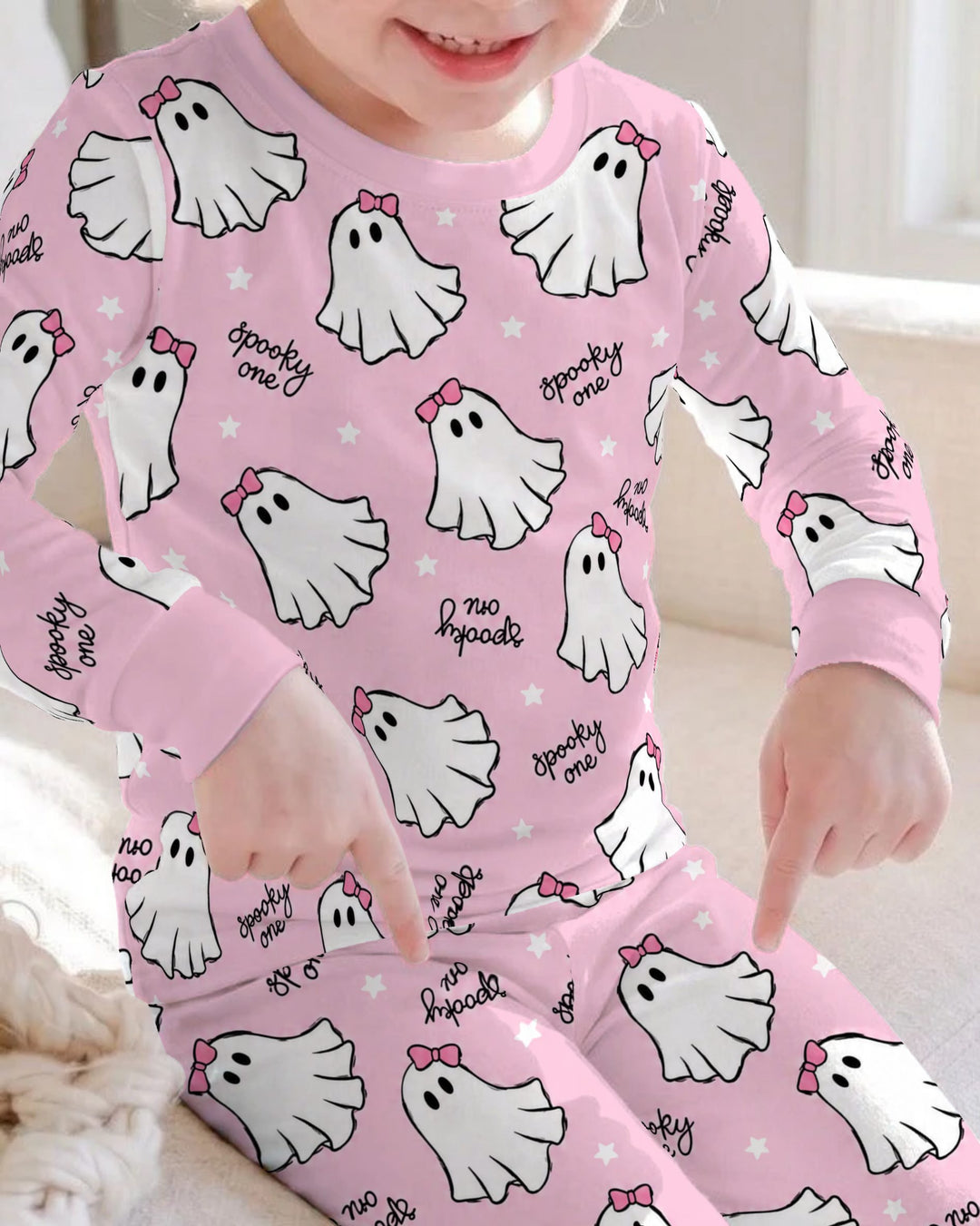 Pink Bow Spooky Ghosts Bamboo Two Piece Long Sleeve Pajama Set
