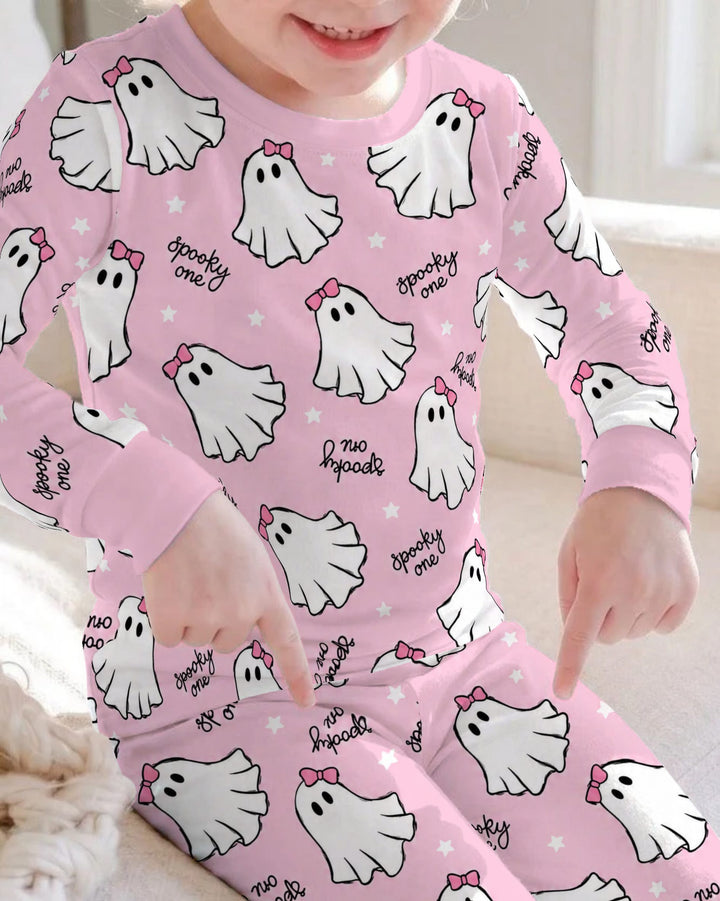 Pink Bow Spooky Ghosts Bamboo Two Piece Long Sleeve Pajama Set