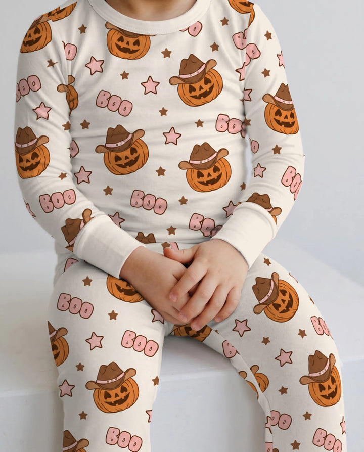 Pink Western Pumpkin Halloween Bamboo Two Piece Long Sleeve Pajama Set