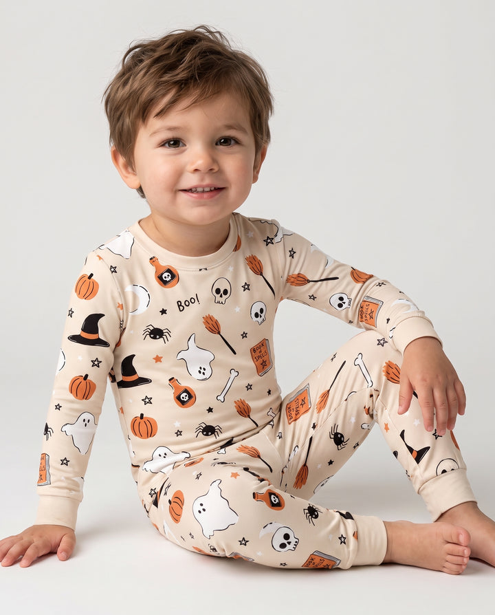 Cozy Witchy Halloween Doodles Bamboo Two Piece Long Sleeve Pajama Set