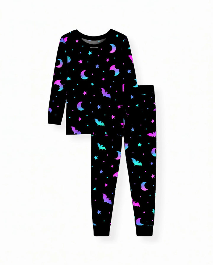 Neon Bats & Moons Night Bamboo Two Piece Long Sleeve Pajama Set