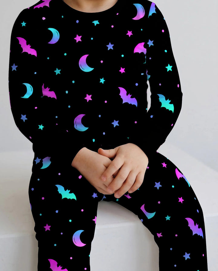 Neon Bats & Moons Night Bamboo Two Piece Long Sleeve Pajama Set