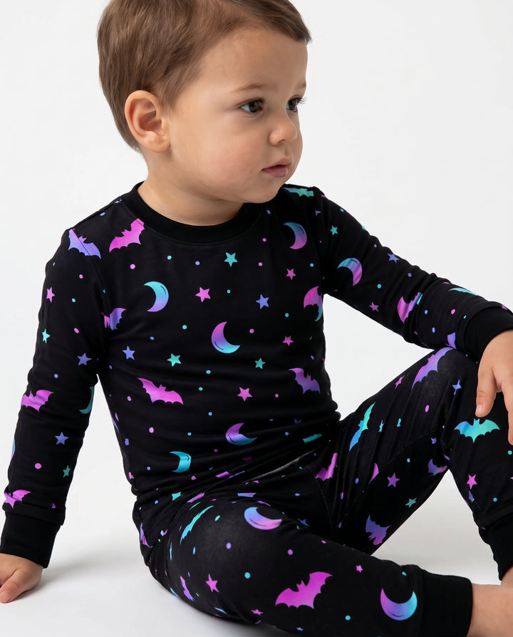 Neon Bats & Moons Night Bamboo Two Piece Long Sleeve Pajama Set