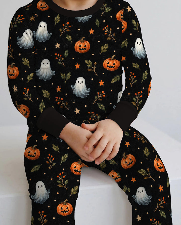 Vintage Ghost Pumpkin Botanicals Bamboo Two Piece Long Sleeve Pajama Set