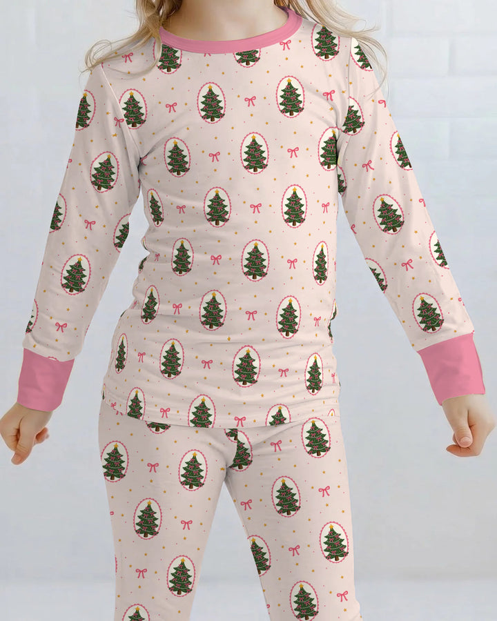 Pink Christmas Tree Cameo Bamboo Two Piece Long Sleeve Pajama Set