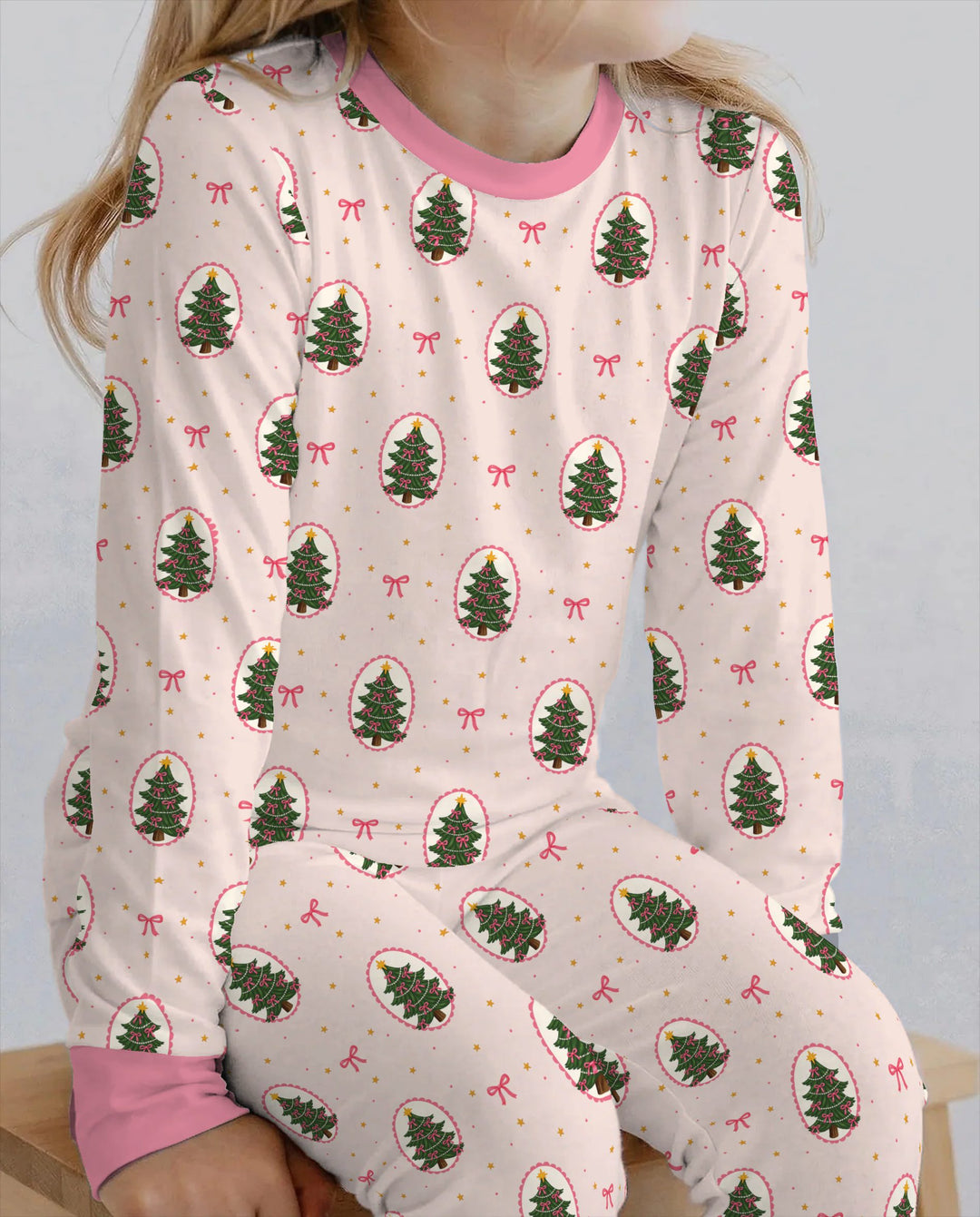 Pink Christmas Tree Cameo Bamboo Two Piece Long Sleeve Pajama Set