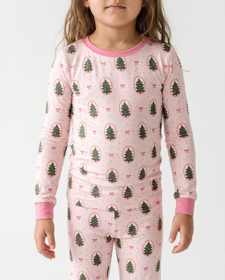 Pink Christmas Tree Cameo Bamboo Two Piece Long Sleeve Pajama Set