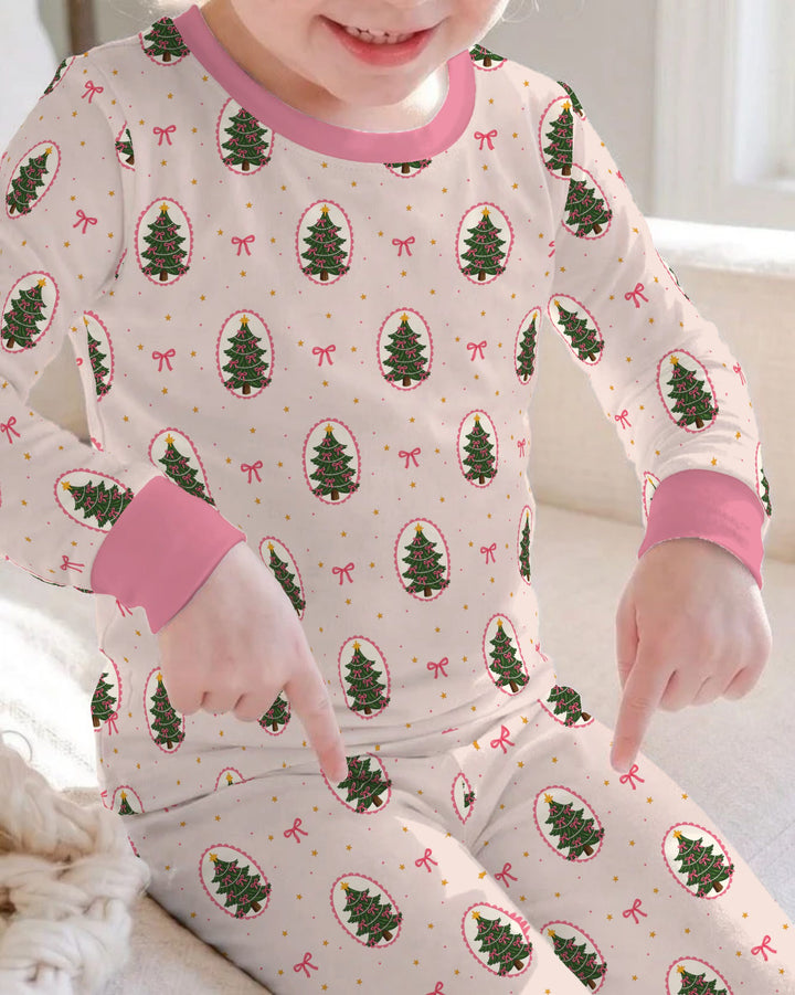 Pink Christmas Tree Cameo Bamboo Two Piece Long Sleeve Pajama Set