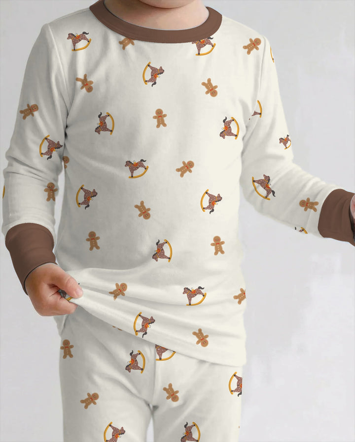 Gingerbread Rocking Horse Christmas Bamboo Two Piece Long Sleeve Pajama Set