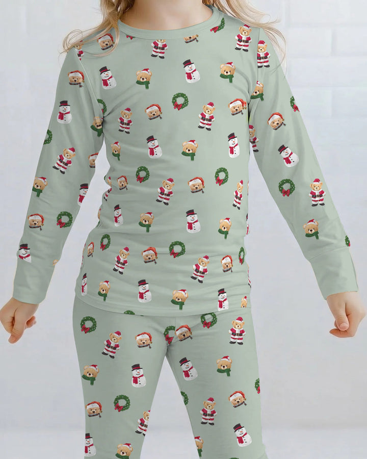 Christmas Teddy & Snowman Bamboo Two Piece Long Sleeve Pajama Set