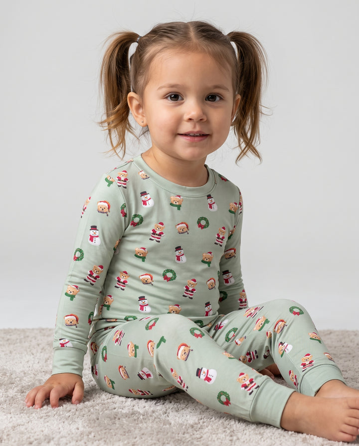 Christmas Teddy & Snowman Bamboo Two Piece Long Sleeve Pajama Set