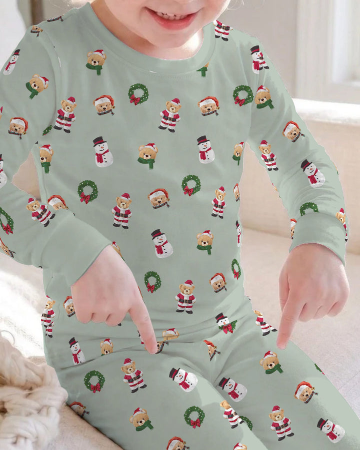 Christmas Teddy & Snowman Bamboo Two Piece Long Sleeve Pajama Set