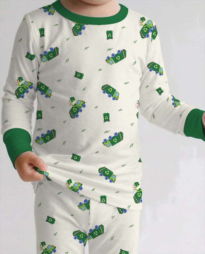 Little Green Recycling Trucks Bamboo Two Piece Long Sleeve Pajama Set