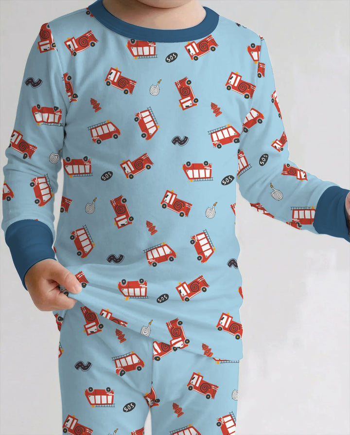 Little Fire Rescue Trucks Bamboo Two Piece Long Sleeve Pajama Set