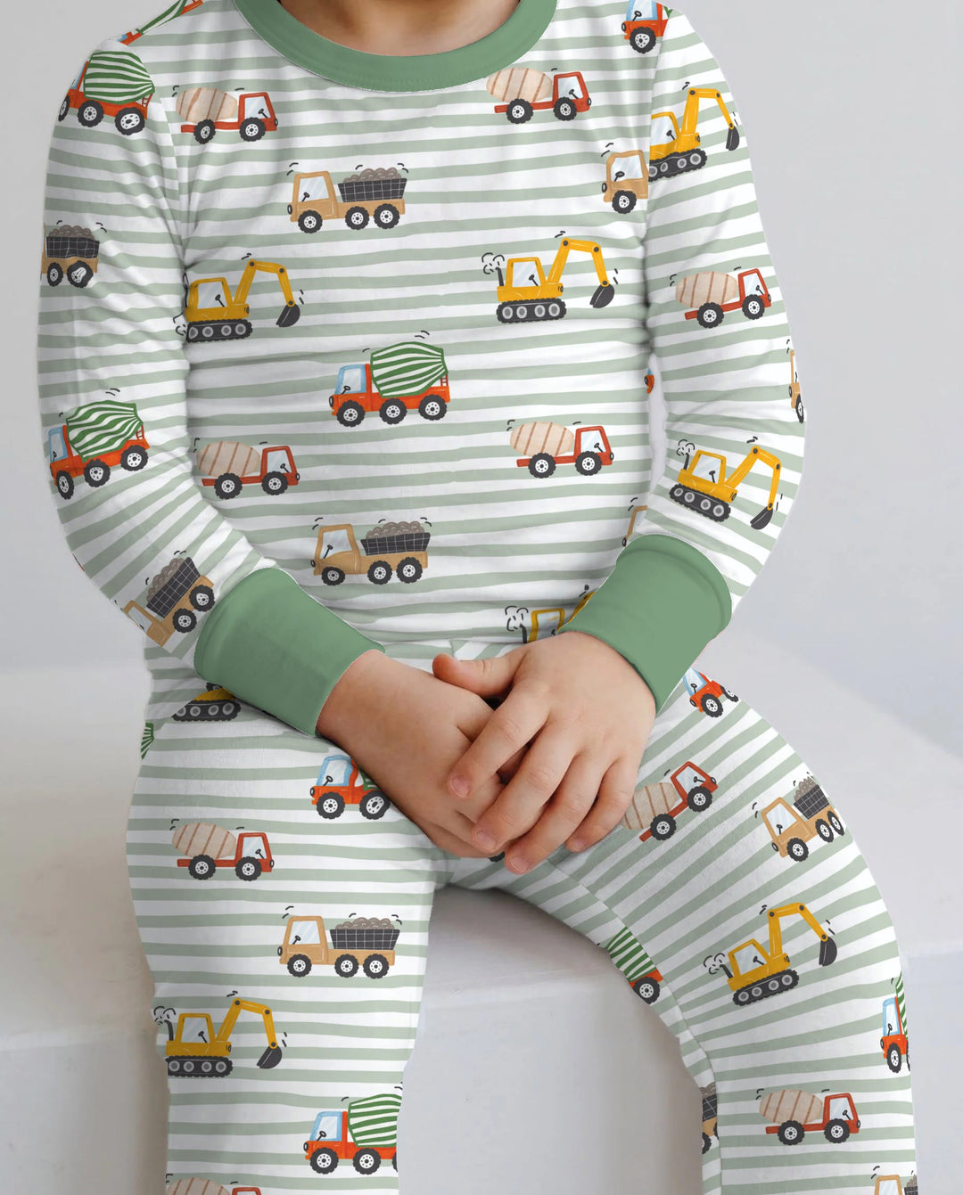 Busy Construction Truck Stripes Bamboo Two Piece Long Sleeve Pajama Set