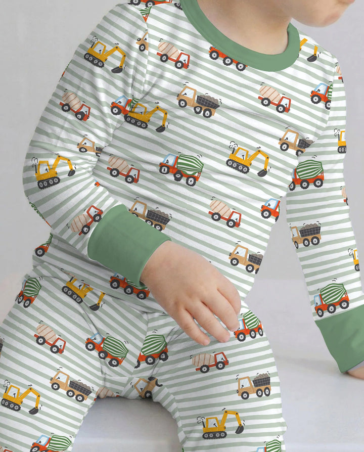 Busy Construction Truck Stripes Bamboo Two Piece Long Sleeve Pajama Set