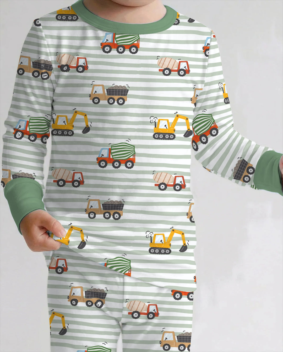 Busy Construction Truck Stripes Bamboo Two Piece Long Sleeve Pajama Set