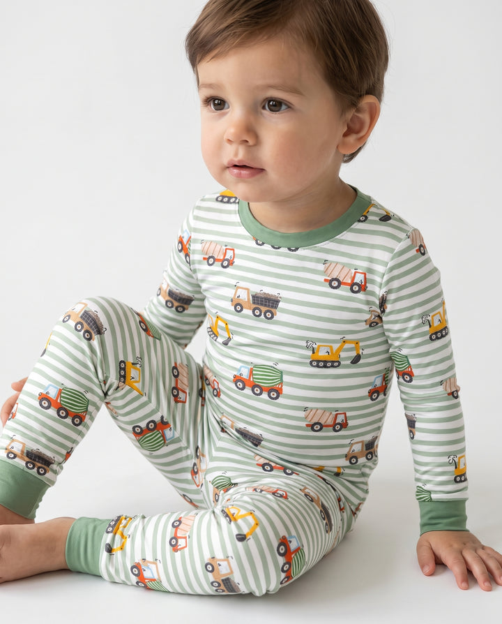 Busy Construction Truck Stripes Bamboo Two Piece Long Sleeve Pajama Set