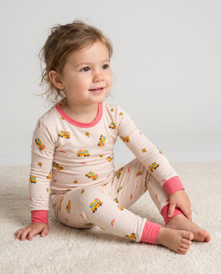 Rainbow School Bus Adventure Bamboo Two Piece Long Sleeve Pajama Set