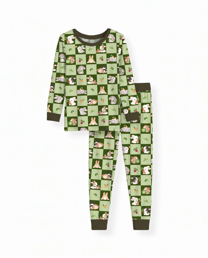 Bunny Green Garden Checkerboard Bamboo Two Piece Long Sleeve Pajama Set