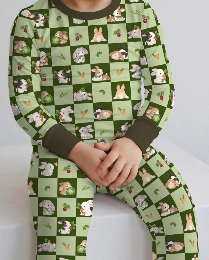 Bunny Green Garden Checkerboard Bamboo Two Piece Long Sleeve Pajama Set