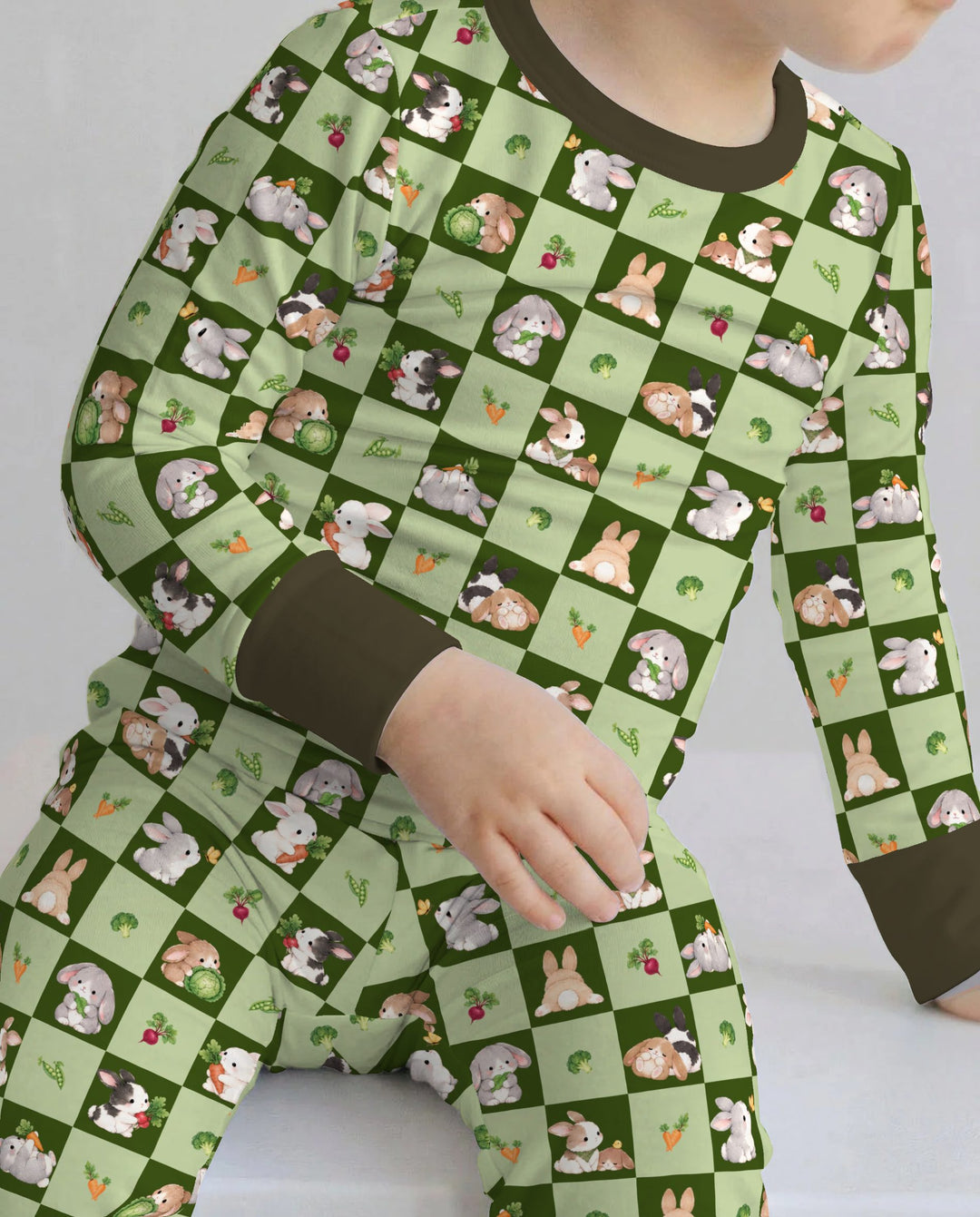 Bunny Green Garden Checkerboard Bamboo Two Piece Long Sleeve Pajama Set