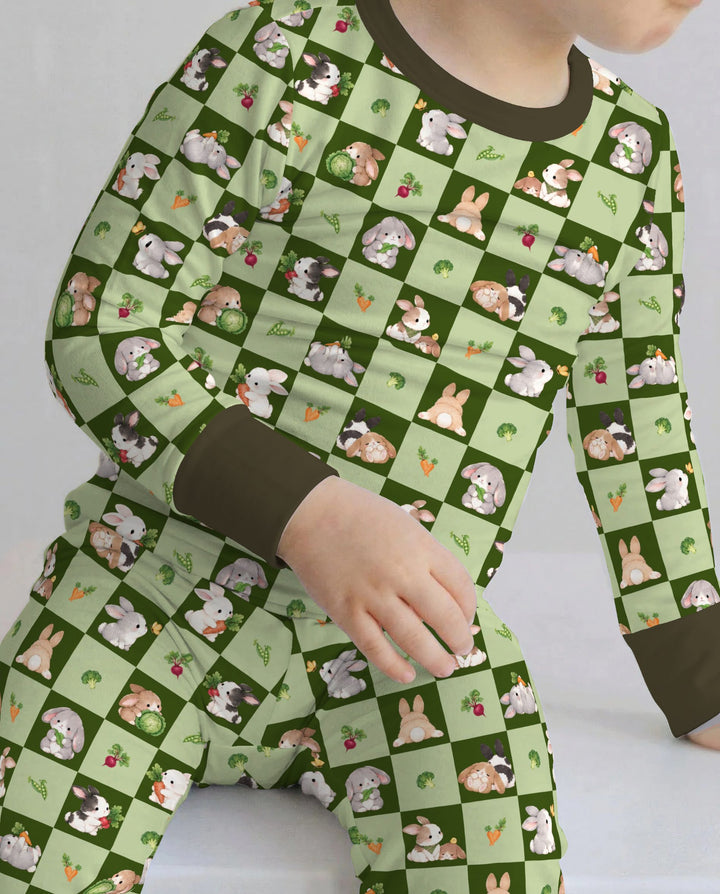 Bunny Green Garden Checkerboard Bamboo Two Piece Long Sleeve Pajama Set