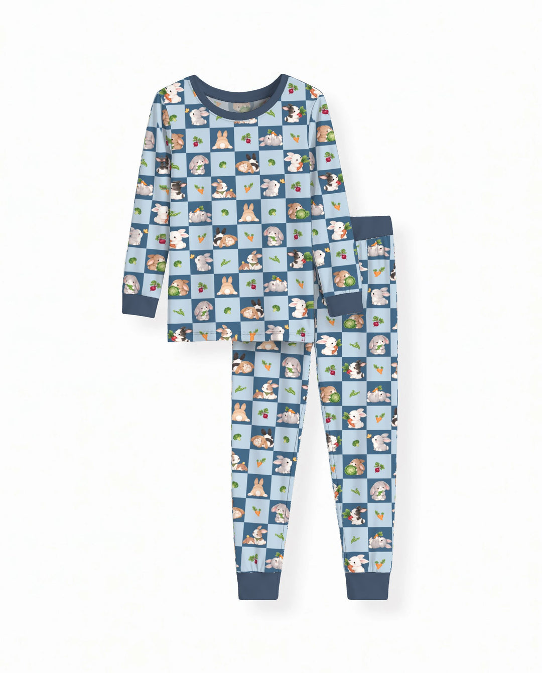 Bunny Blue Garden Checkerboard Bamboo Two Piece Long Sleeve Pajama Set