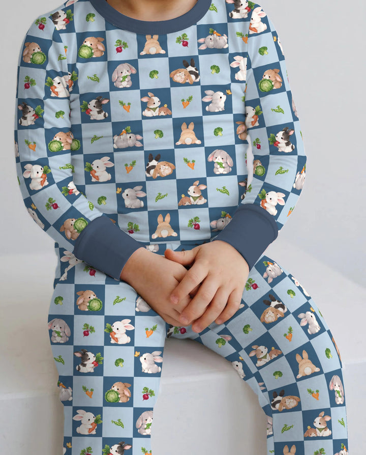 Bunny Blue Garden Checkerboard Bamboo Two Piece Long Sleeve Pajama Set