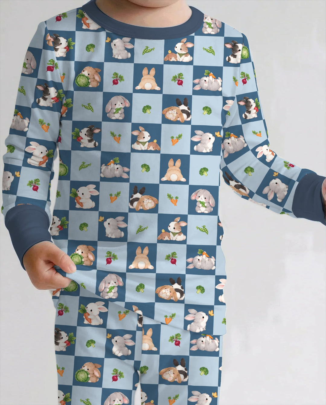 Bunny Blue Garden Checkerboard Bamboo Two Piece Long Sleeve Pajama Set