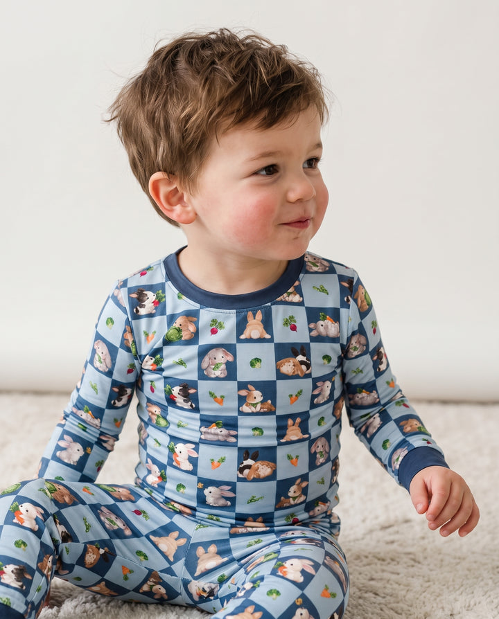Bunny Blue Garden Checkerboard Bamboo Two Piece Long Sleeve Pajama Set