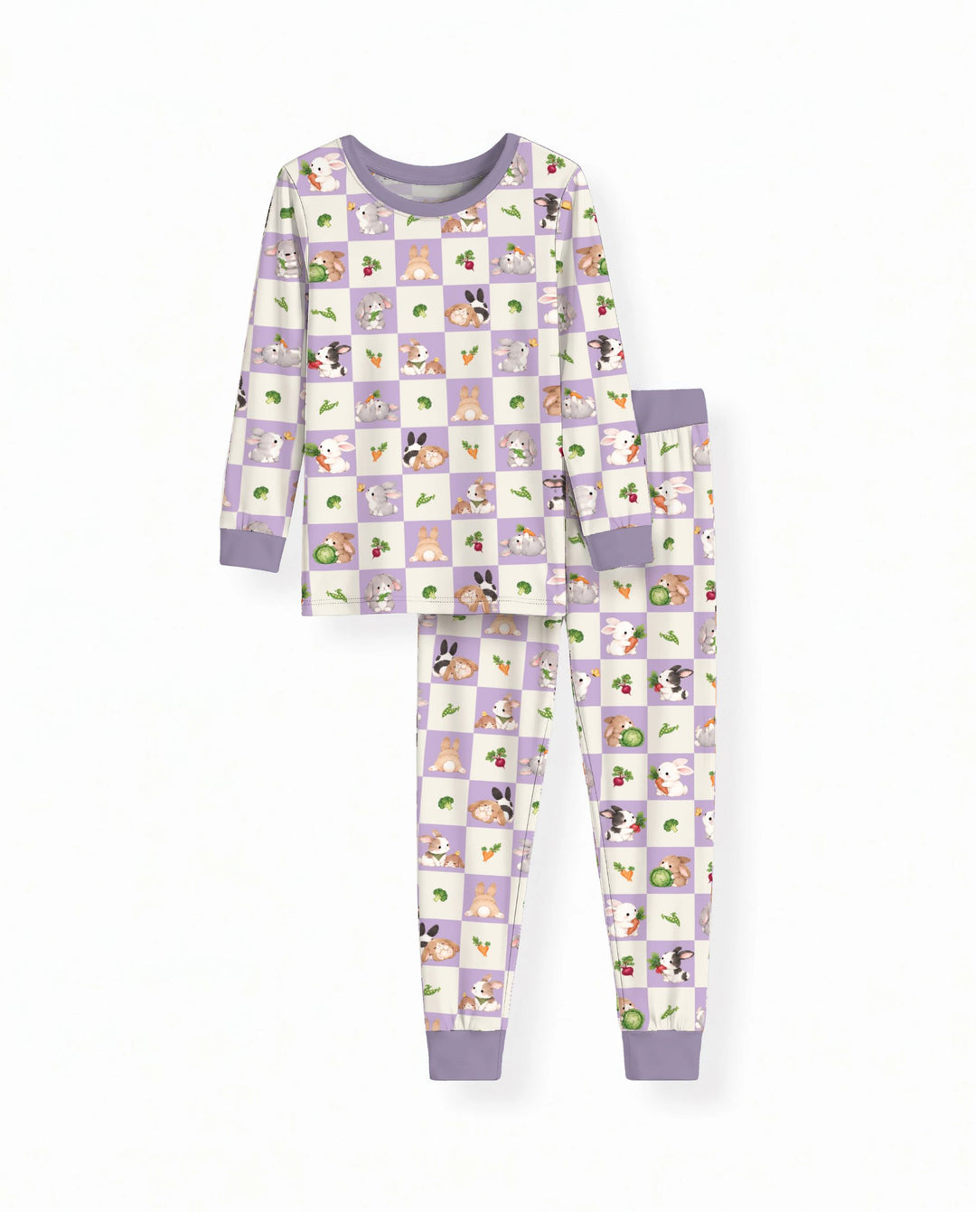 Bunny Lavender Garden Checkerboard Bamboo Two Piece Long Sleeve Pajama Set