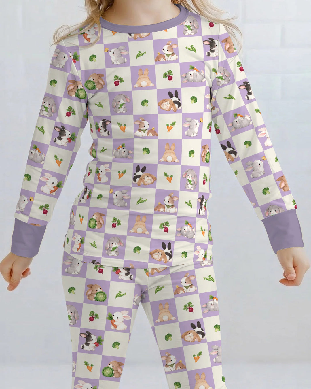 Bunny Lavender Garden Checkerboard Bamboo Two Piece Long Sleeve Pajama Set
