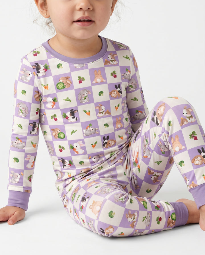 Bunny Lavender Garden Checkerboard Bamboo Two Piece Long Sleeve Pajama Set