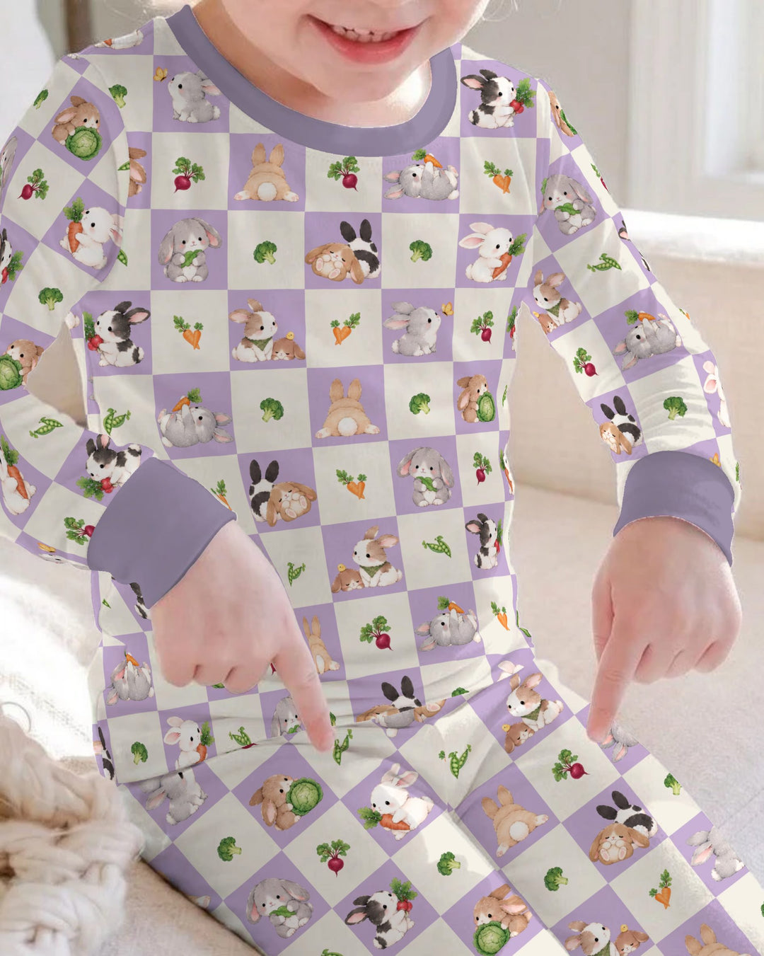 Bunny Lavender Garden Checkerboard Bamboo Two Piece Long Sleeve Pajama Set