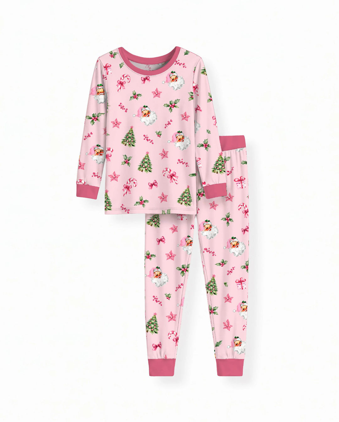 Pink Santa Christmas Candy Cane Bamboo Two Piece Long Sleeve Pajama Set