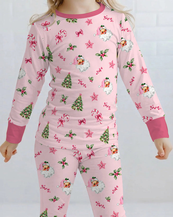 Pink Santa Christmas Candy Cane Bamboo Two Piece Long Sleeve Pajama Set