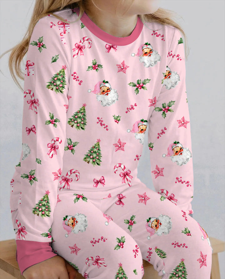 Pink Santa Christmas Candy Cane Bamboo Two Piece Long Sleeve Pajama Set