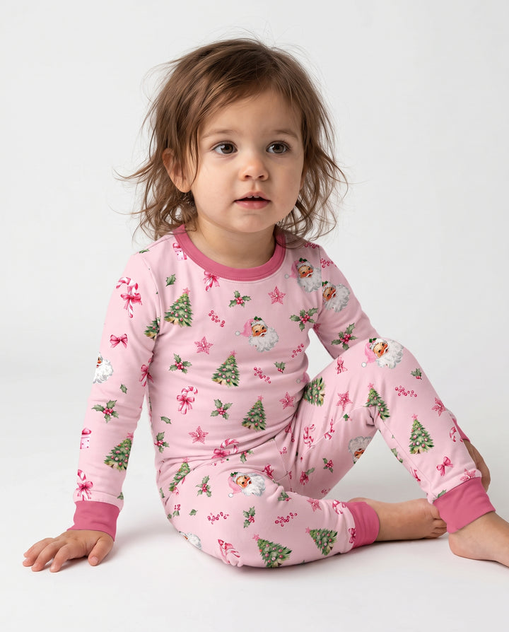 Pink Santa Christmas Candy Cane Bamboo Two Piece Long Sleeve Pajama Set